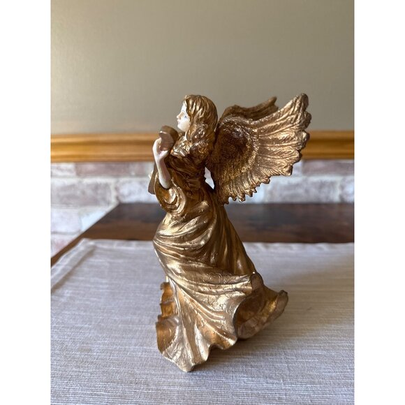 Vintage Gold Angel Figurine Playing Lute – Resin Holiday Decor, Musical Angel - Picture 4 of 16
